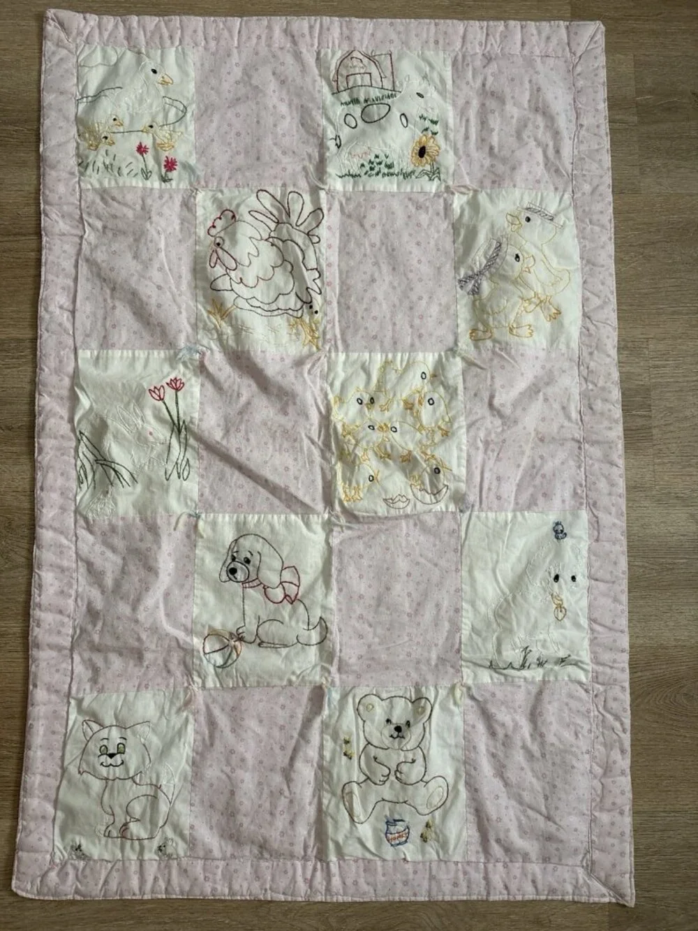 Vintage Handmade Baby Quilt Pink & White Embroidered Animals Flowers